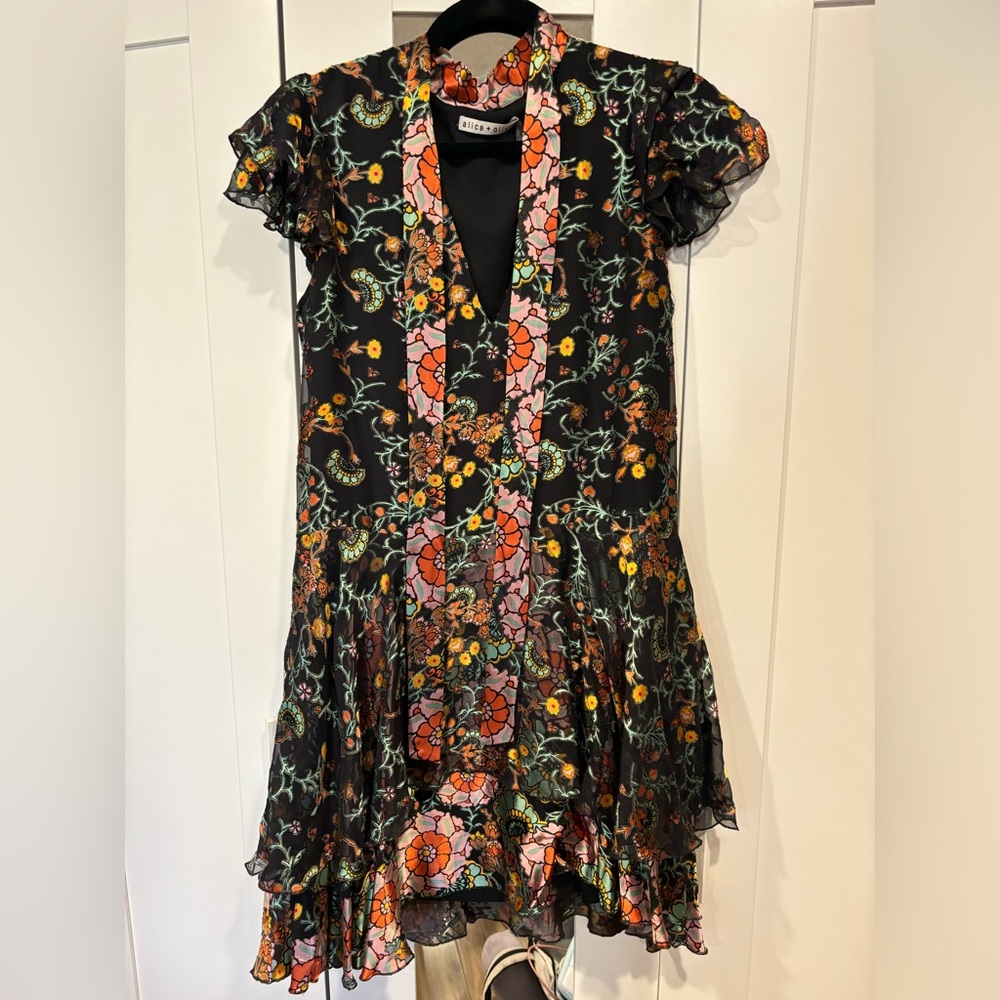 Alice + Olivia Black Floral Ruffled Mini Dress with Pink & Orange Accents